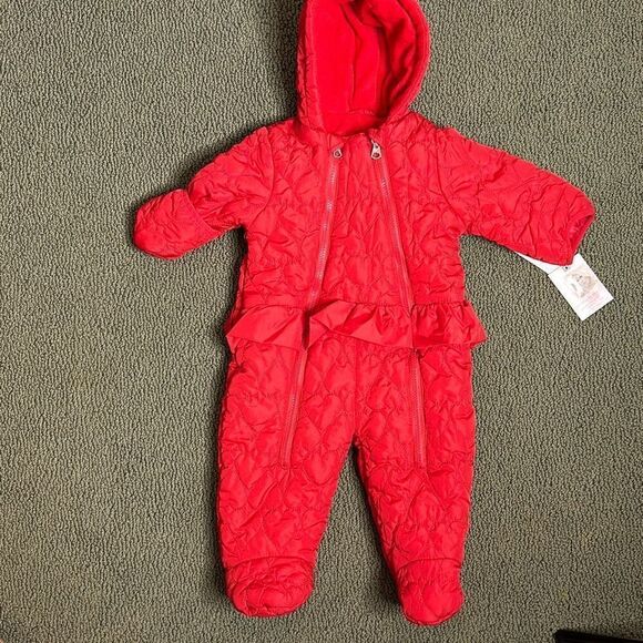 Jessica Simpson Red Woven Pram 6-9 mo Red Hearts Quilted Snowsuit - Picture 1 of 8